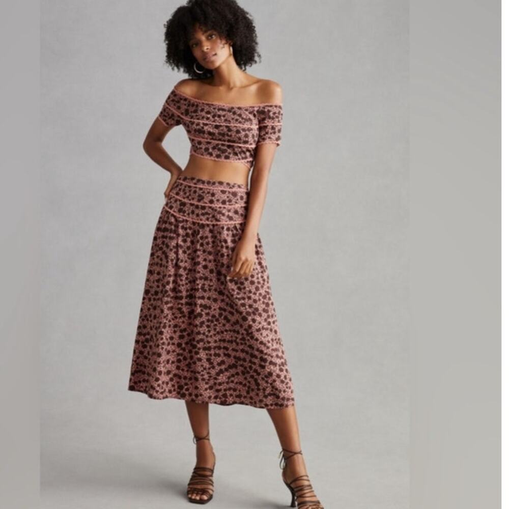 By Anthropologie Pink Leopard Print 2-Piece Set - Crop Top & Midi Skirt